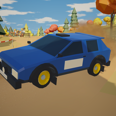The DUST RALLY icon: a blue car drifting through the dust in autumn